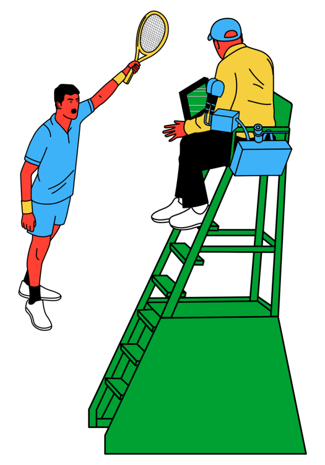 An illustration of a tennis player arguing with a chair umpire.