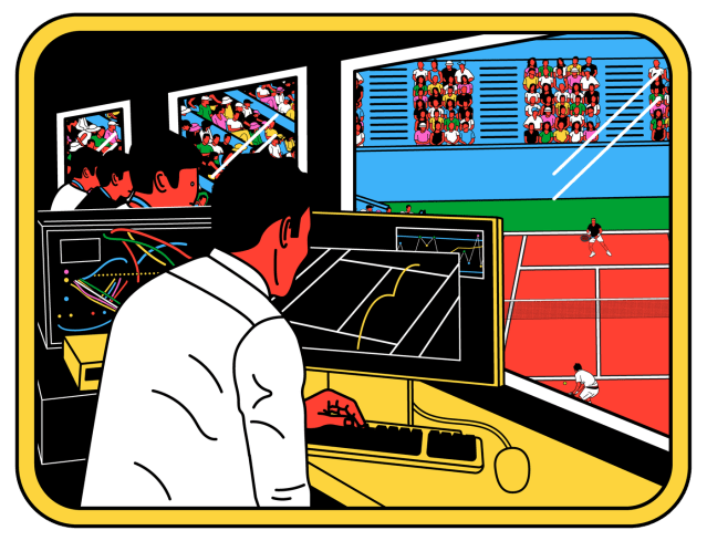 An illustration of the team in the Hawk Nest, looking down at a tennis court.