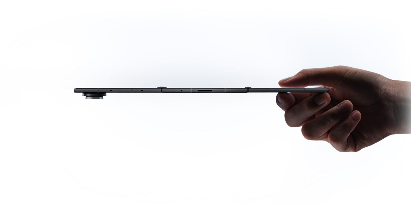 A side view of the Samsung Galaxy Z TriFold showing its thickness in the unfolded state