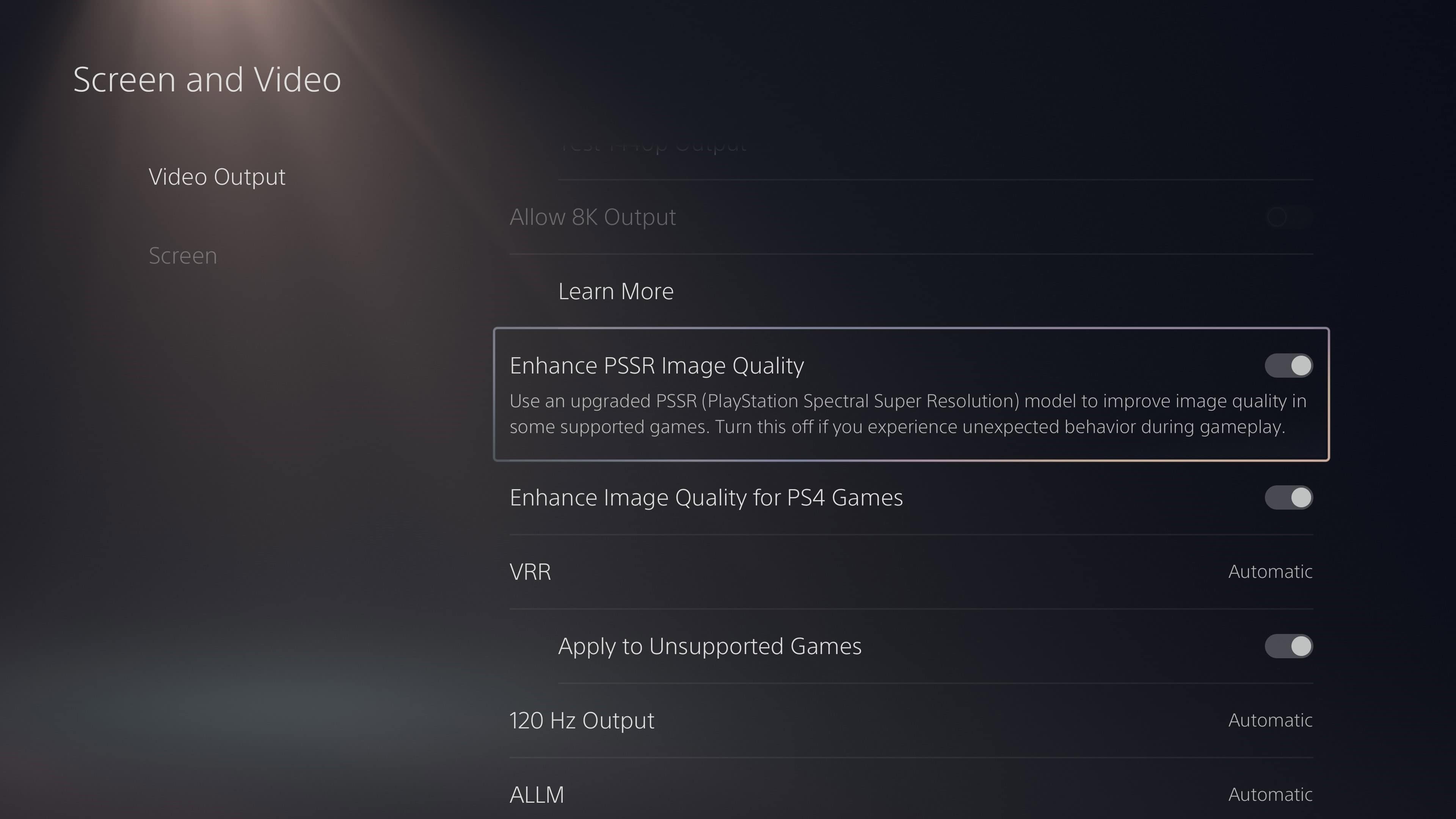 The new toggle for the upgraded version of PSSR that's coming to PS5 Pro consoles.
