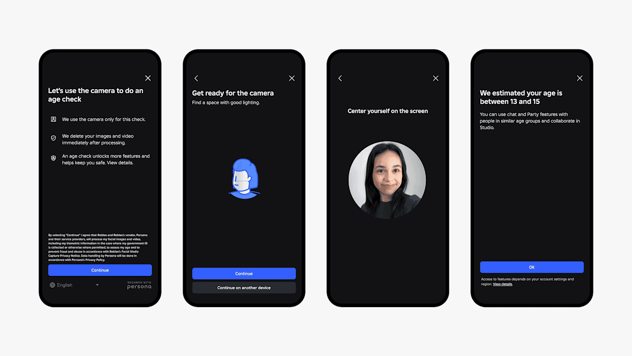 Four phone screens, showing the selfie age verification feature on Roblox