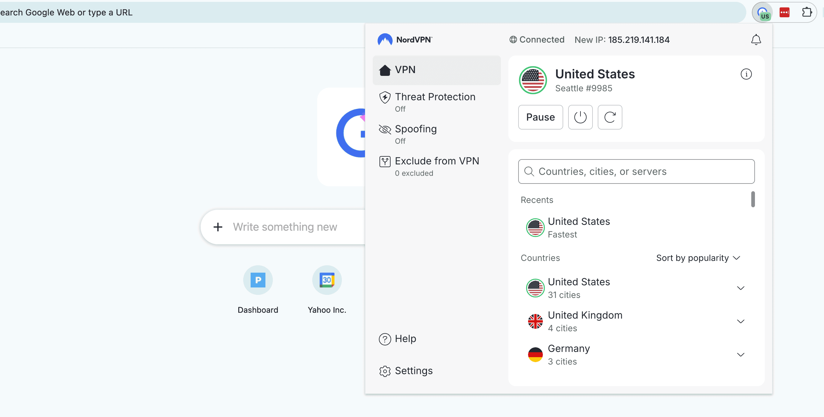 NordVPN browser extension on Chrome