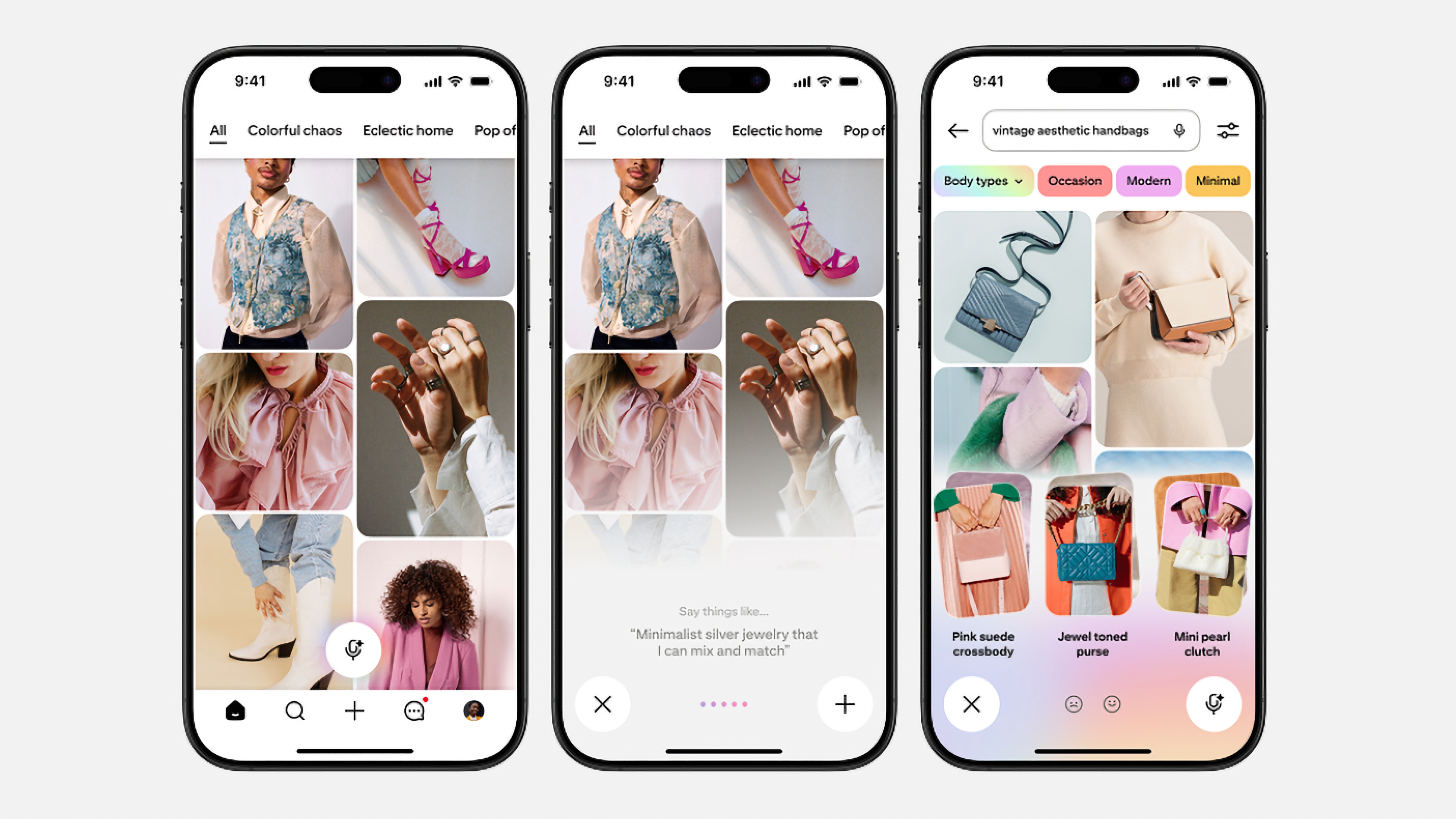 Three screenshots showing the Pinterest Assistant mic icon, what you see when you dictate a prompt and results provided by Pinterest Assistant.