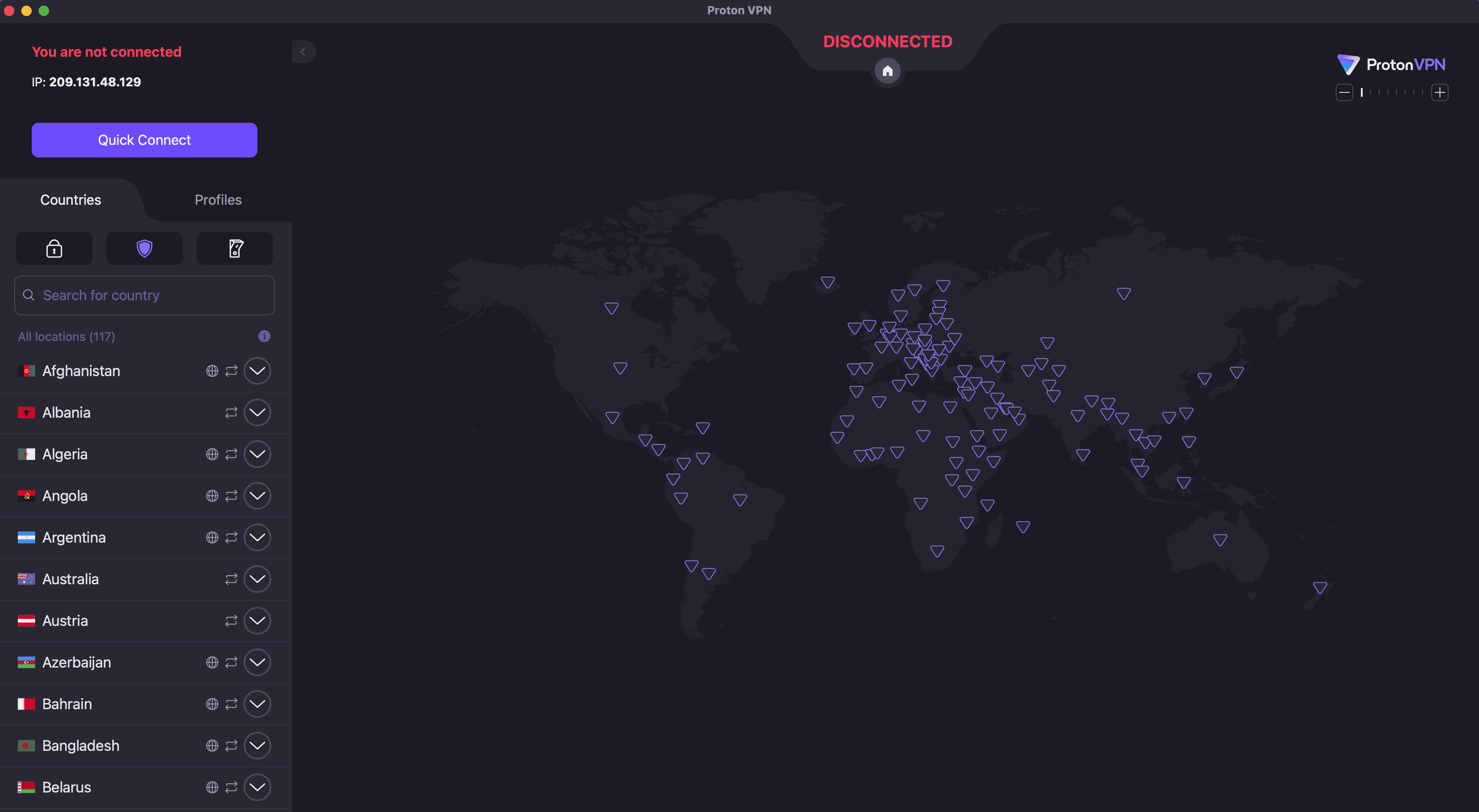 On Proton VPN, for example, you can switch locations by clicking the name of any country in the list on the left.