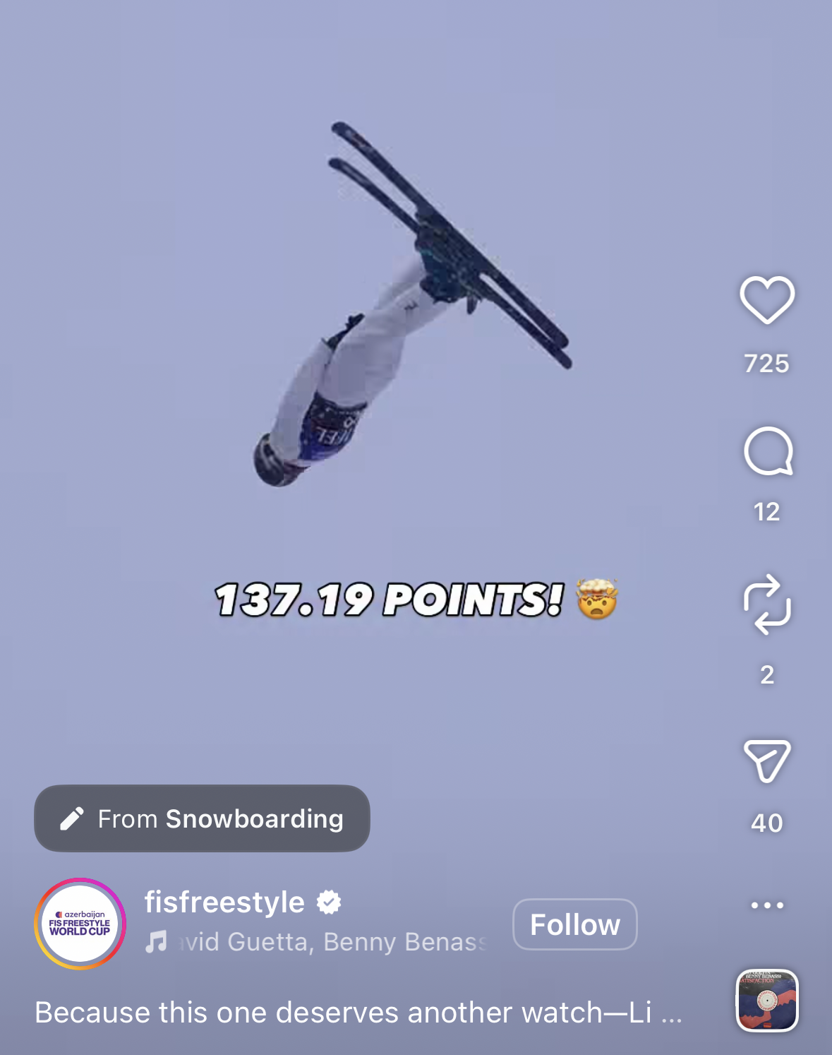 A screenshot of Instagram reels showing a ski jumper mid-air with a label that says "snowboarding."