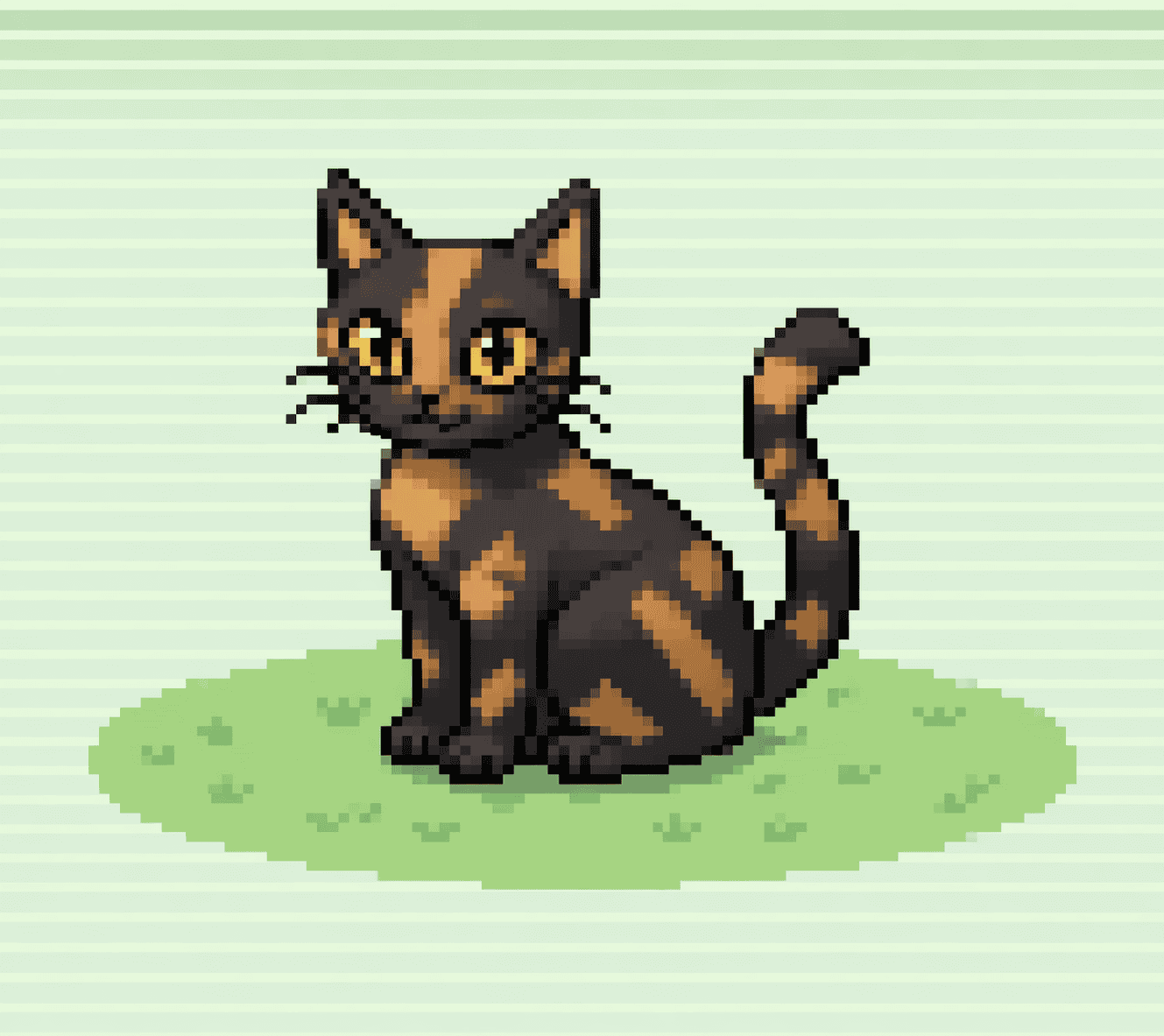 A tortoiseshell cat in the style of Pokemon's third generation of games.