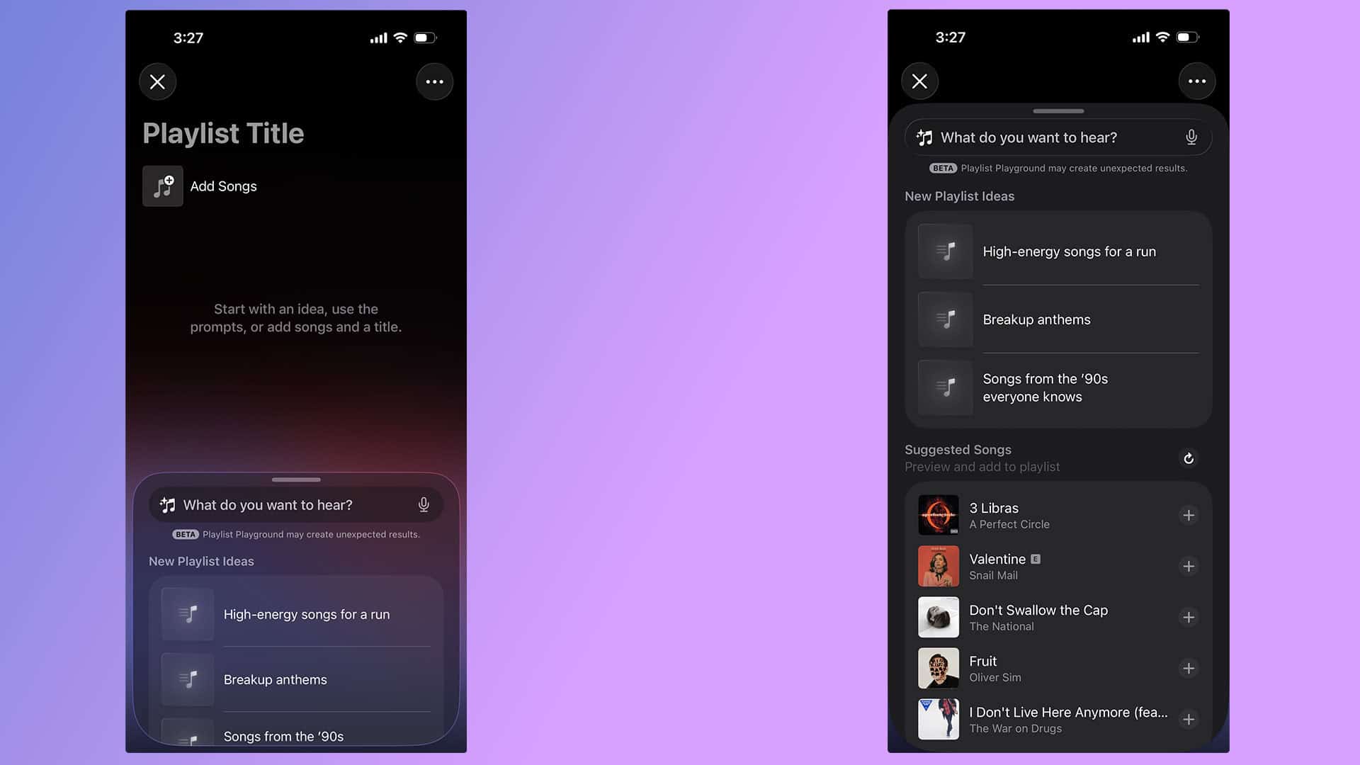 A pair of screenshots showing off Apple Music's new Playlist Playground feature.