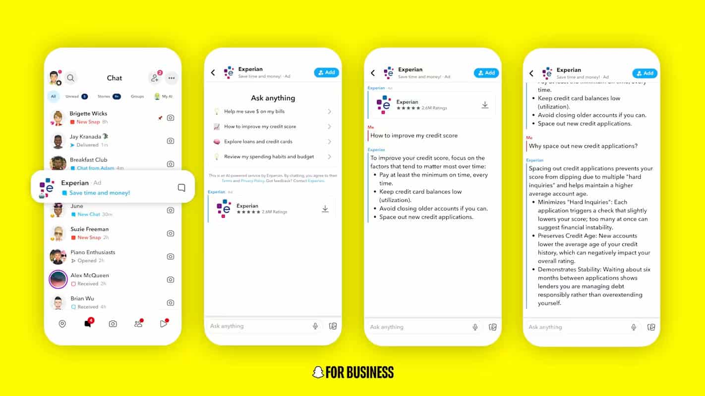 Four screenshots, showing the process of chatting with a sponsored AI agent.