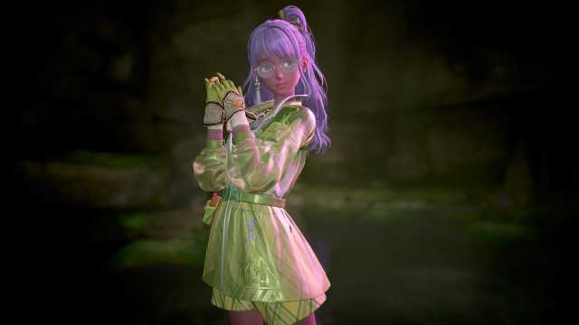 Screenshot from Infinity Nikki featuring Nikki in a green jacket with purple hair.