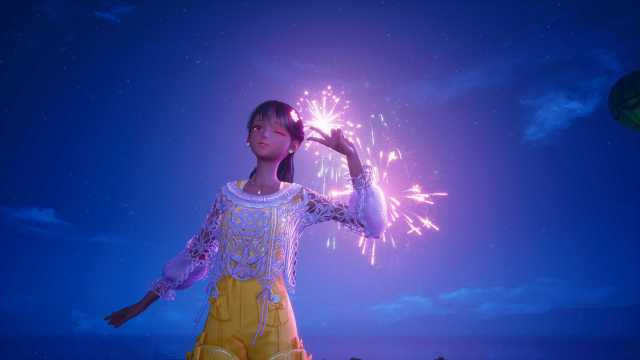 Screenshot from Infinity Nikki featuring Nikki in yellow overalls with a purple knit sweater posing in front of fireworks.