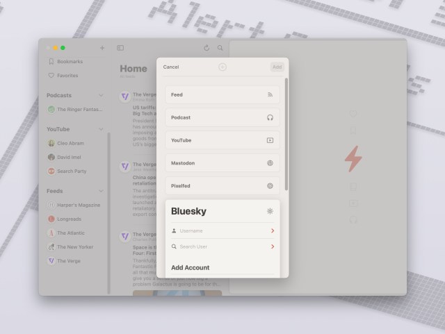 A screenshot of the Reeder app, showing how to add feeds.