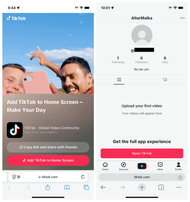 Two screen shots: the left showing a photo of two people with a phone and a headline “Add TikTok to Home Screen — Make Your Day”; the right has a TikTok screen asking you to upload your first video.