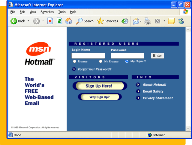 MSN Hotmail login screen in an Internet Explorer window.