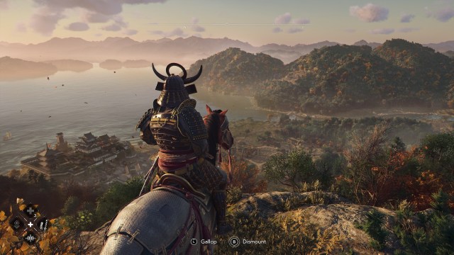 Screenshot from Assassin’s Creed Shadows featuring the samurai Yasuke overlooking the Japanese countryside on his horse.