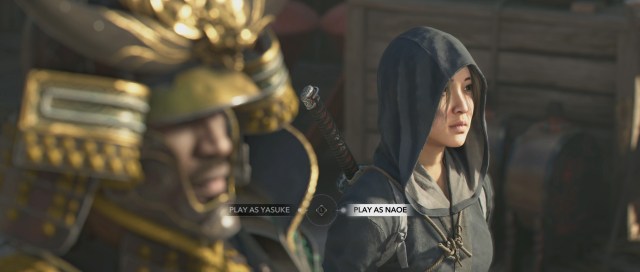 Screenshot from Assassin’s Creed Shadows featuring a moment where the game lets you pick between which protagonist to play.
