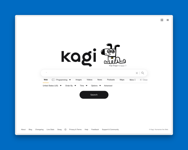 A screenshot of the Kagi homepage on a desktop browser.
