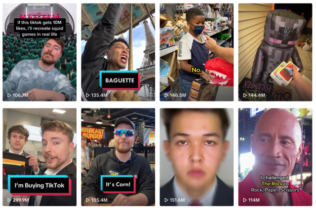 A screenshot showing eight MrBeast TikTok videos.