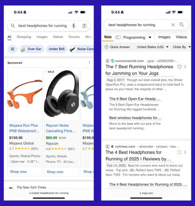 Side by side screenshots of Google and Kagi, showing information about running headphones.