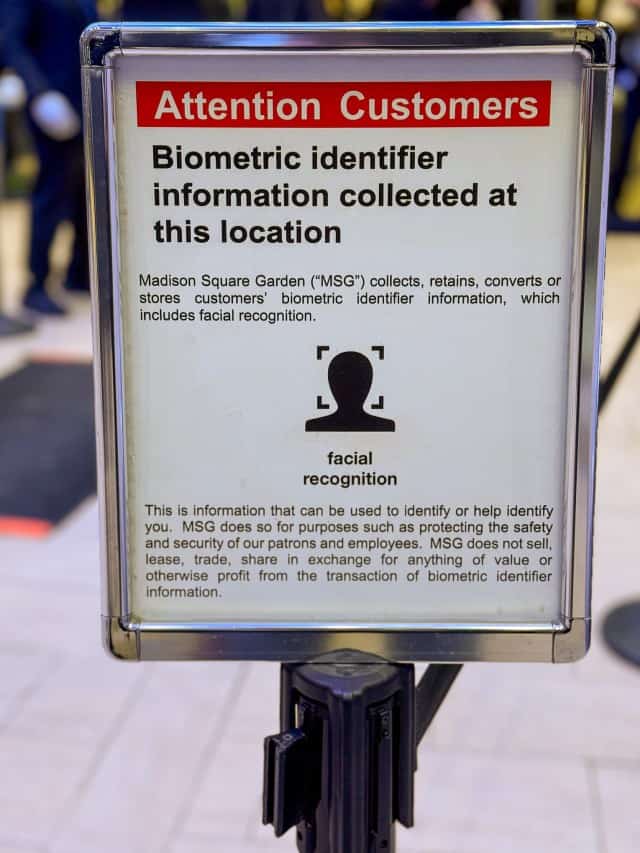 A photo of a sign about facial recognition at Madison Square Garden.