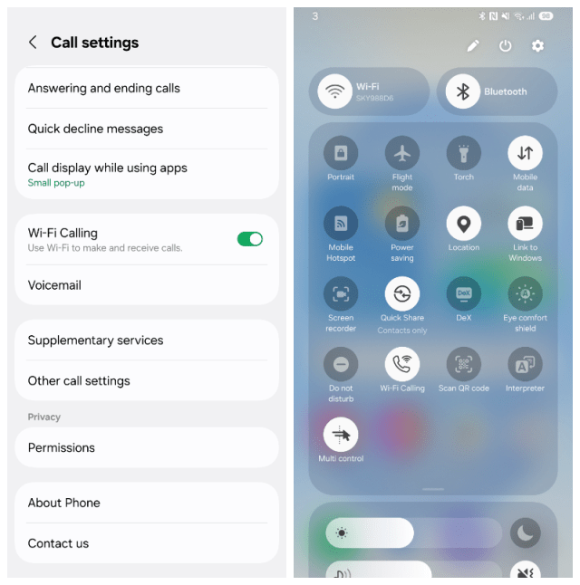 Two screenshots. Left has a list of call settings. Right is a group of icons.
