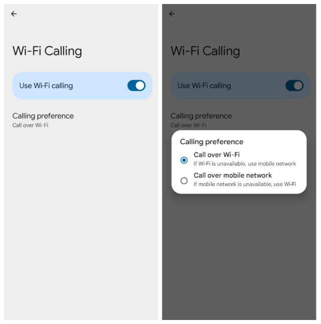 Two screenshots. The left has Use Wi-Fi calling enabled via a toggle. The right has calling preference with two selections: call over Wi-Fi and call over mobile network.