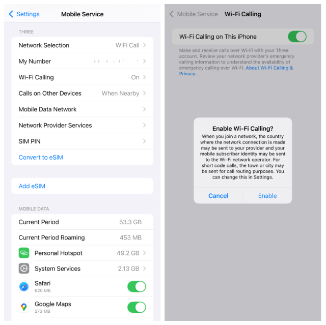 Two screenshots. On the left, a list of selections under the heading Mobile Service. On the right, a pop-up on the Wi-Fi Calling with a pop-up headed “Enable Wi-Fi Calling?”