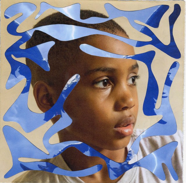 Hand cut photo collage of a young boy’s face overlayed with art from the game Final Fantasy XIV.