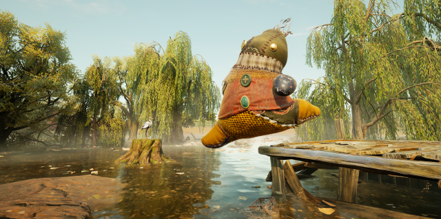 Screenshot from South of Midnight, featuring Crouton, a small stuffed creature made of patchwork fabric leaping into a pool of water.