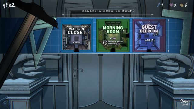 Screenshot from Blue Prince featuring the game’s room drafting mechanic presenting the player with the choice of one of three rooms to draft: a walk in closet, a morning room, and a guest bedroom