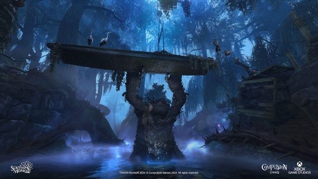 Screenshot from South of Midnight showing the protagonist Hazel jumping on a riverboat held up by a magical swamp creature.