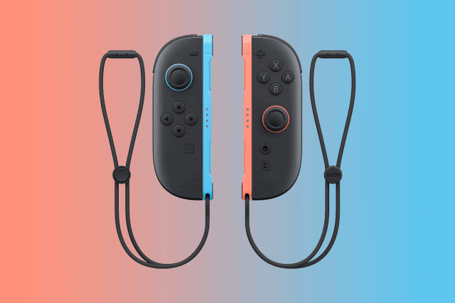 Joy-Con 2s on a blue and pink-ish background.