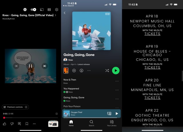 Three screenshots of the artist Knox, and his concert tour dates.