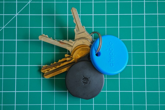 A Chipolo Pop and Pebblebee Clip attached to keys