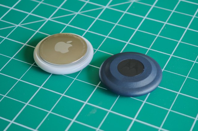 The Apple AirTag and Moto Tag next to one another