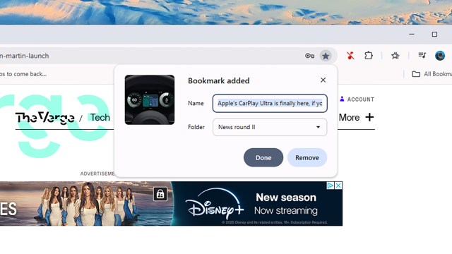 Pop-up showing BookMark Added with the name and the folder.