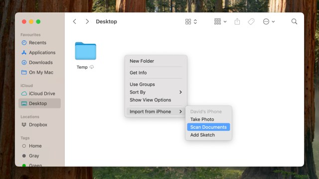 Screenshot of a mac showing a dropdown menu in Finder ending in a highlighted options Scan Documents.