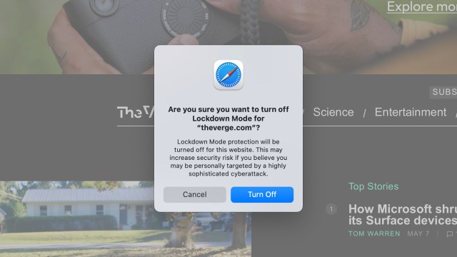 Park of a screen of a Mac with a popup asking “Are you sure you want to turn off Lockdown Mode for ”theverge.com”?
