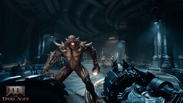 Screenshot from Doom The Dark Ages featuring a demon charging the Slayer who is wielding the Ravager weapon.