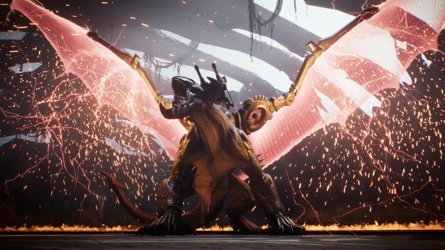 Screenshot from Doom The Dark Ages featuring a giant dragon with laser wings.