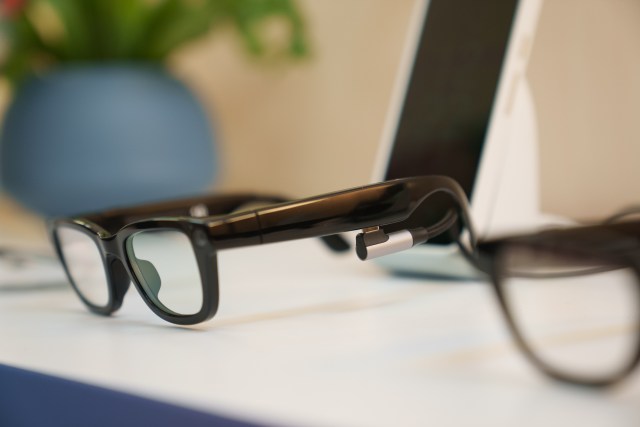 Close up of the Android XR prototype glasses.