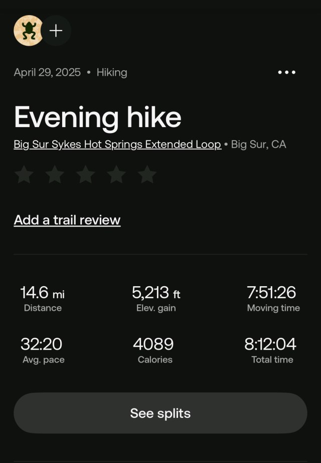 Screenshot of my hike recording on AllTrails, showing 14.6 miles of distance, and 5,213 feet of elevation gain