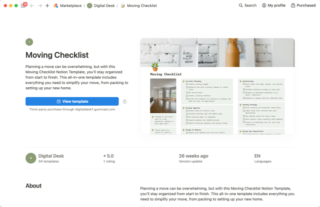 A Notion template titled Moving Checklist with a description on the left and an illustration of a Moving Checklist on the right.
