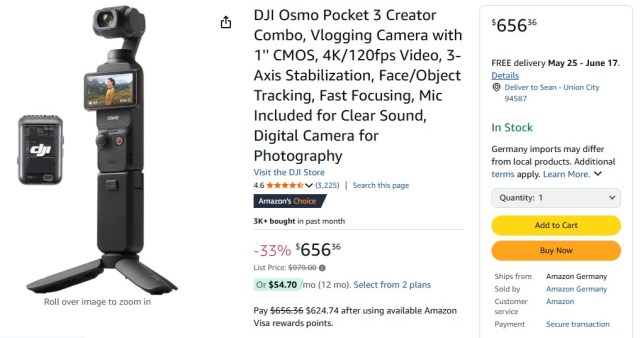 Amazon Germany will currently ship Osmo Pocket 3 to the US for free.