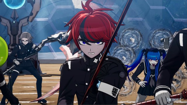 Screenshot from Last Defense Academy featuring a group shot of the main characters including a close up of Takumi Sumino wielding a red sword.