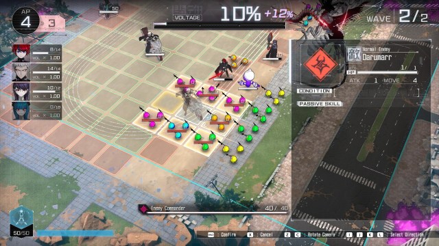 Screenshot from Last Defense Academy featuring a bird’s-eye view of a grid-based battlefield filled with enemy monsters and black-clad allies.