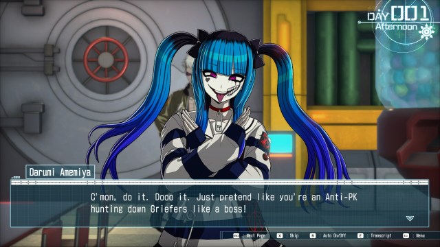 Screenshot from Last Defense Academy featuring Darumi Amemiya, a young woman with a gruesome expression in white makeup, teeth drawn on her face, and blue hair.