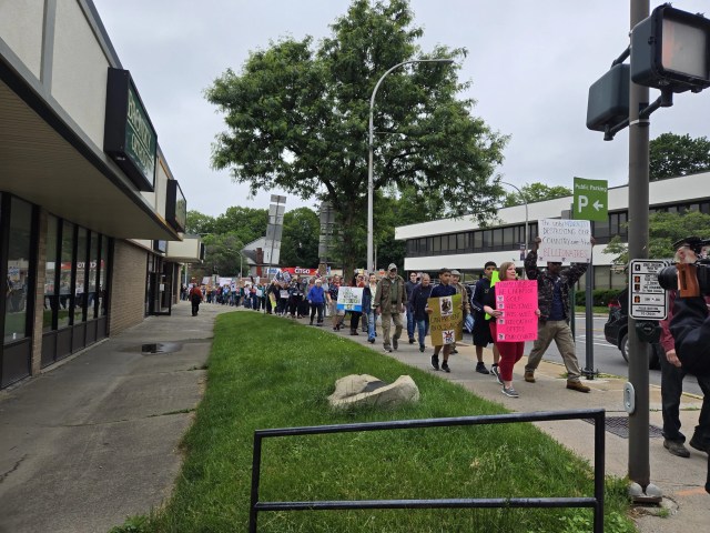 An orderly line of people marching down a street backed by greenery, holding signs.
