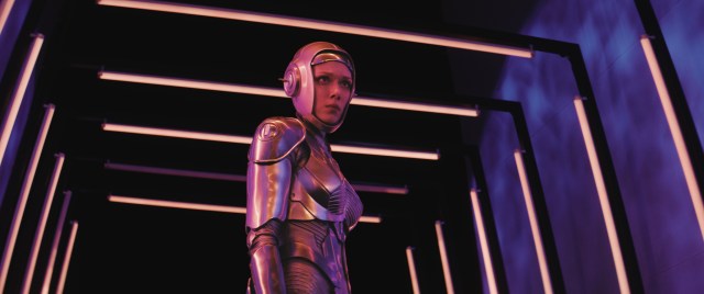 A humanoid android with a woman’s face.