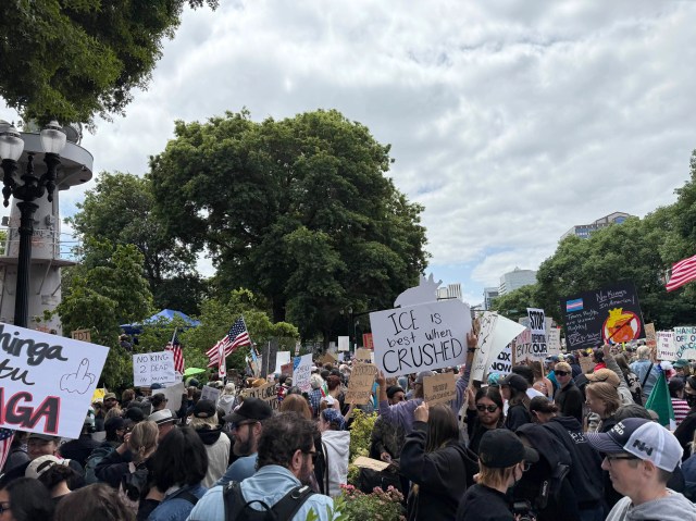 A crowd of protesters holding signs, including one reading “ICE is best when CRUSHED”