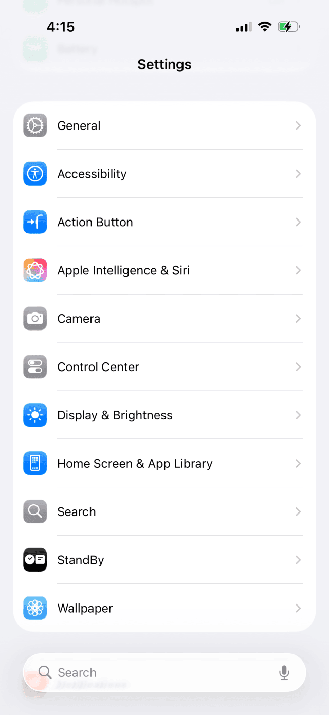 A screenshot of the Settings app in iOS 26.
